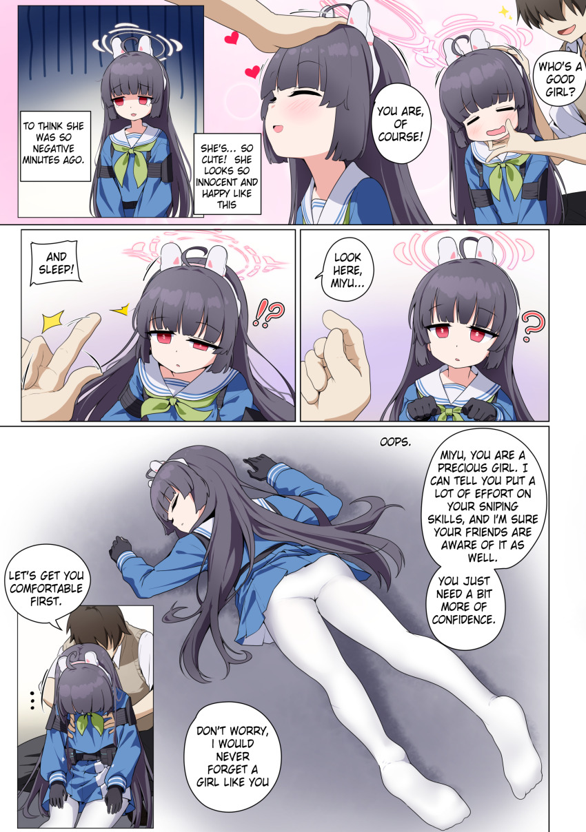 absurdres all_fours altered_common_sense black_hair blue_archive blush border brown_hair closed_eyes comic confused dazed english_text etlabsotwe eyebrows_visible_through_hair fake_animal_ears femsub finger_snap fingerless_gloves gloves gradient_background hair_band halo loli maledom miyu_(blue_archive) open_mouth pantyhose pet_play red_eyes right_to_left school_uniform short_hair short_skirt simple_background sitting skirt sleep_command sleeping smile speech_bubble text thigh_gap traditional traditional_hypnosis trigger unfocused_eyes uniform upskirt very_long_hair