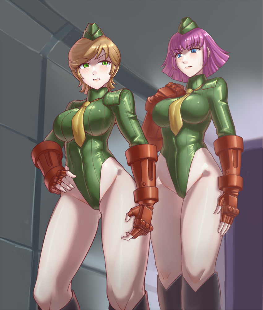 blonde_hair blue_eyes blush boots capcom expressionless female_only femsub fingerless_gloves gloves green_eyes gundam_(series) haman_karn hand_on_hip hat large_breasts leebigtree leotard mineva_lao_zabi multiple_girls purple_hair shadaloo_dolls short_hair shoulder_pads street_fighter tie