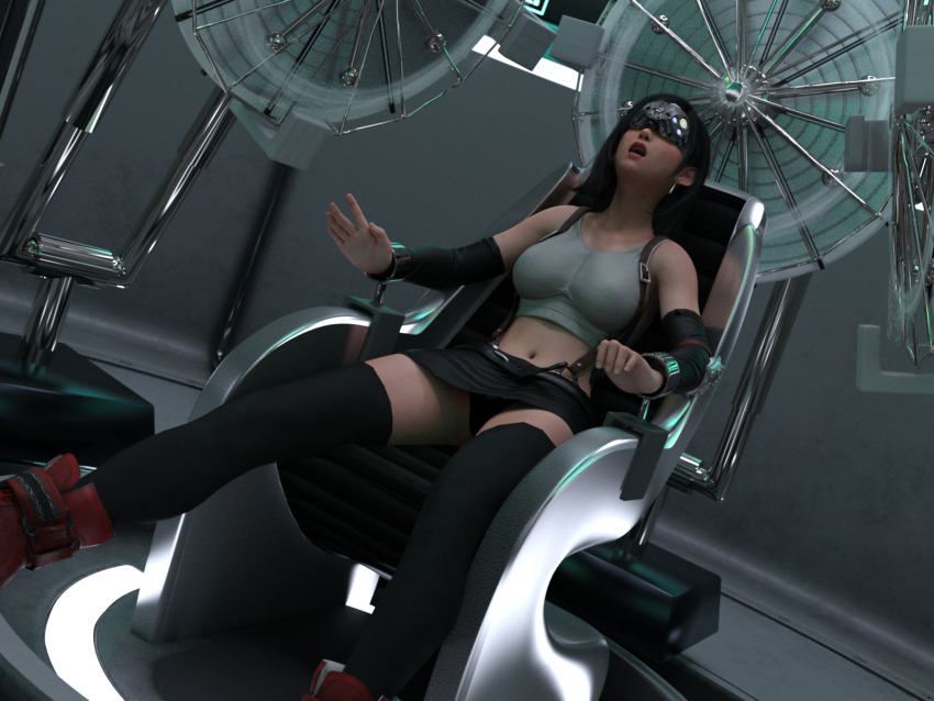3d arm_warmers bare_shoulders before_and_after black_hair boots chair corruption earrings female_only femsub final_fantasy final_fantasy_vii large_breasts legs long_hair midriff miniskirt mslumis navel open_mouth sitting skirt socks solo tank_top tech_control thighhighs tifa_lockhart underwear visor
