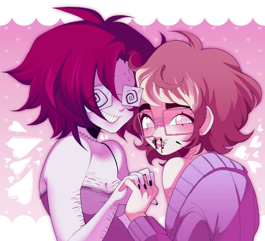 brown_hair choker cleavage dreamalgia femboy femsub glasses happy_trance holding_hands malesub mustache original piercing red_hair scars shirt spiral_eyes sweat sweater