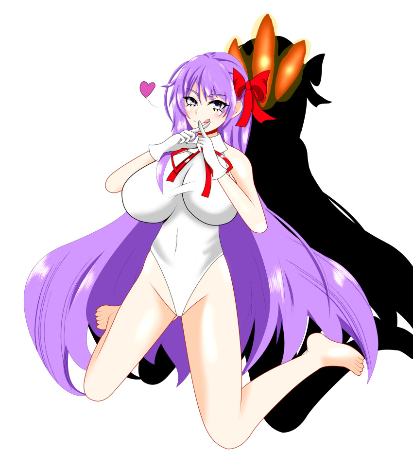 bare_legs barefoot bb_(fate/extra_ccc) blush breasts corruption fate/extra_ccc fate/grand_order fate_(series) feet femsub gloves glowing_eyes happy_trance heart kneeling large_breasts legs leotard looking_at_viewer nyarlathotep orange_eyes possession purple_eyes purple_hair simple_background sitting smile swimsuit symbol syoumutyu thighs tongue tongue_out very_long_hair white_background