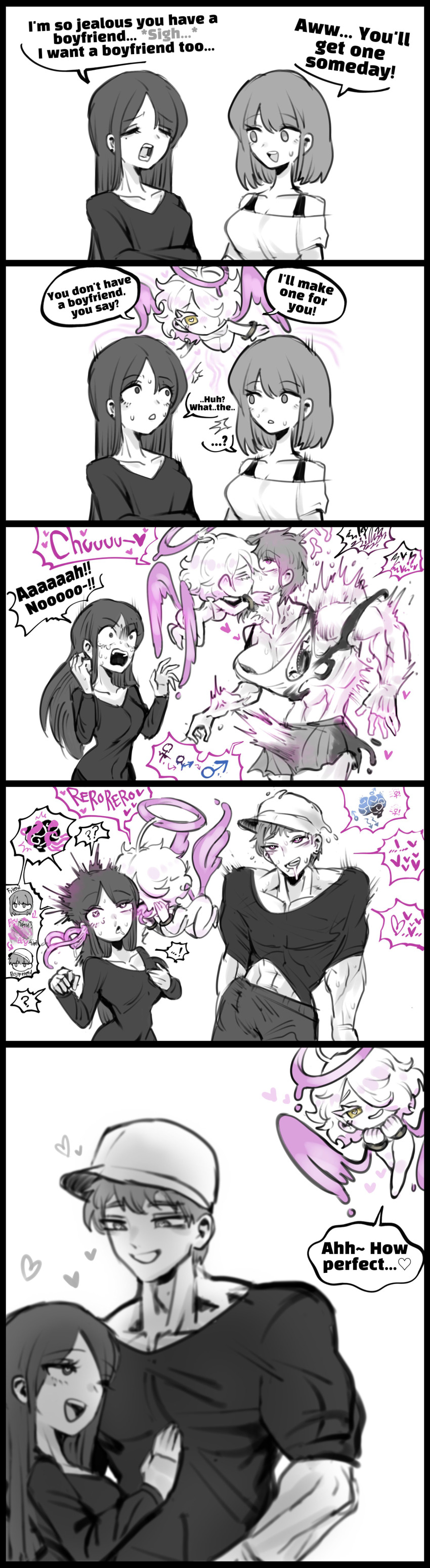 absurdres blush border bra brain_injection breasts cleavage closed_eyes comic confused demon devil_of_kiss_(omeok911) dialogue drool english_text erect_nipples_under_clothes erection eye_color_change eye_roll eyebrows_visible_through_hair femsub growth hair_covering_one_eye halo hat heart heart_eyes hourglass_figure hypnotic_kiss licking long_hair malesub masculinization memory_alteration mole multiple_girls multiple_subs muscle_boy muscle_growth omeok911 original pink_eyes shirt skirt speech_bubble sweat symbol_in_eyes tears text tongue transformation transgender underwear unfocused_eyes wings yellow_eyes