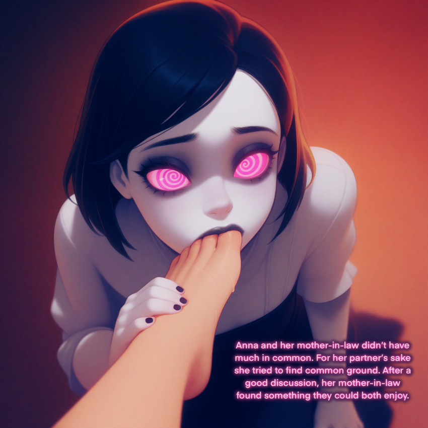 ai_art black_hair black_lipstick caption feet female_only femdom femsub foot_worship goth kneeling notanartist_(generator) pale_skin pink_eyes pov pov_dom short_hair spiral spiral_eyes spiralwash_eyes story