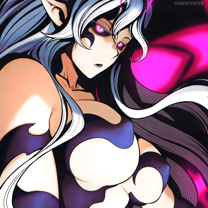 alternate_costume alternate_hair_color aura bare_shoulders black_sclera breasts cleavage corruption disgaea disgaea_5 elf_ears english_text femsub glowing glowing_eyes indioweeaboo insect large_breasts liezerota liezerota_dark long_hair looking_at_viewer maledom open_mouth pink_eyes possession slit_pupils text void_dark white_hair