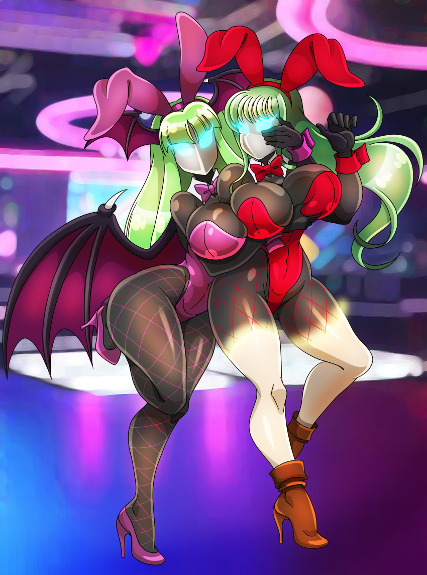 absurdres alternate_costume bangs boots breast_grab breasts bunny_ears bunny_girl bunnysuit capcom corruption crossover cuffs darkstalkers fake_animal_ears female_only femsub fire_emblem fire_emblem_awakening fishnets glowing glowing_eyes green_hair groping hand_on_head high_heels huge_breasts hypnotized_hypnotist large_breasts living_costume long_hair looking_at_viewer mask morrigan_aensland multiple_girls multiple_subs original pantyhose persona_(series) persona_5 possession shadow_bunny standing succubus thick_thighs thighs tiki_(fire_emblem) transformation wings wink zorro-zero