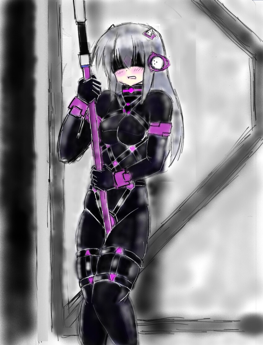 blindfold blush bodysuit crotch_rub cuffs female_only femsub grey_hair haritsuke_man_kara_no harness hasumi headphones latex long_hair mission_mermaiden rubber sketch staff standing tight_clothing