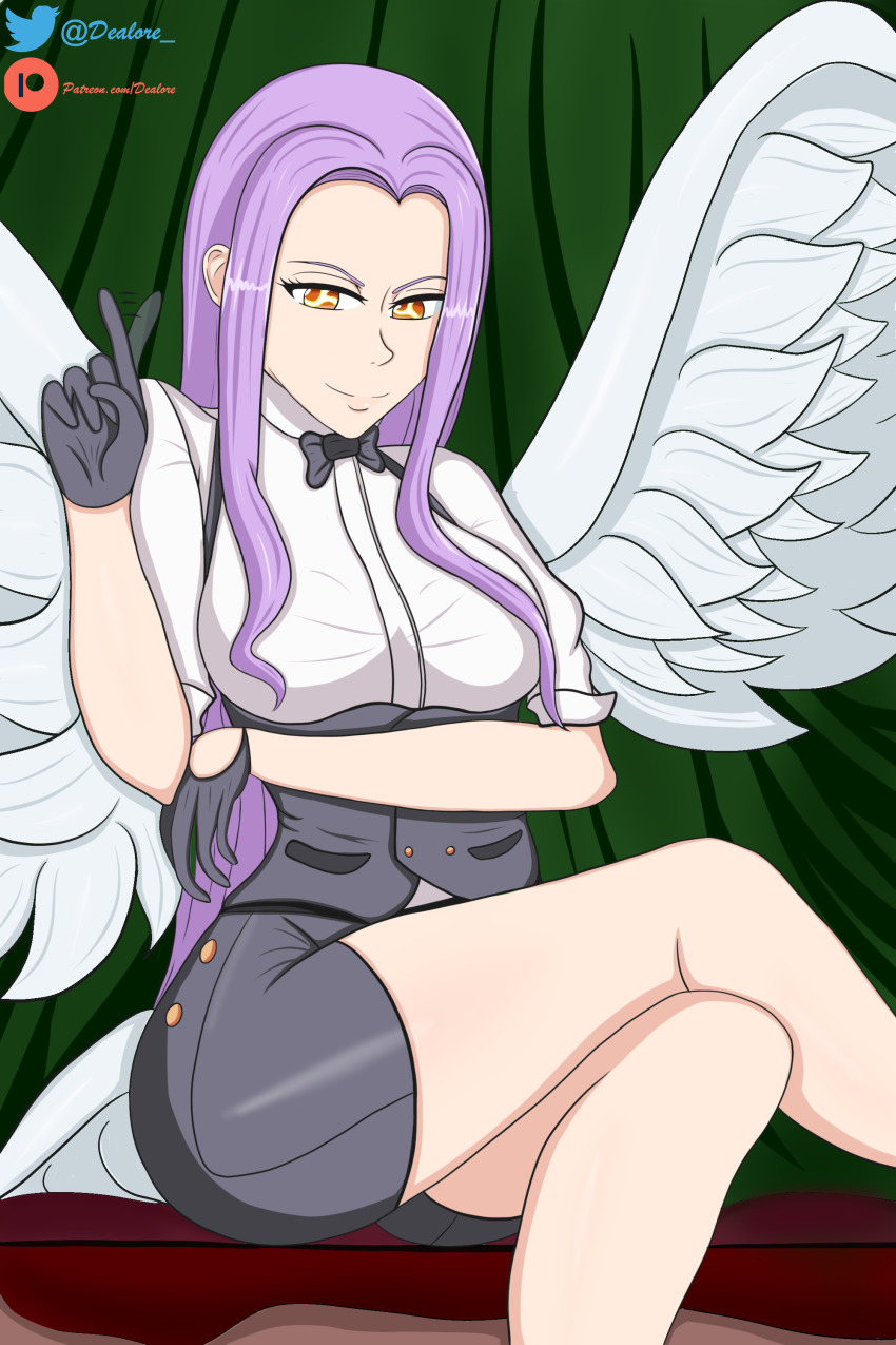 alternate_costume alternate_form angel bare_legs breasts clothed crossed_arms crossed_legs dealore eye_color_change femsub gloves legs ludociel maledom margaret_(the_seven_deadly_sins) possession purple_hair sitting smile the_seven_deadly_sins thighs very_long_hair wings yellow_eyes