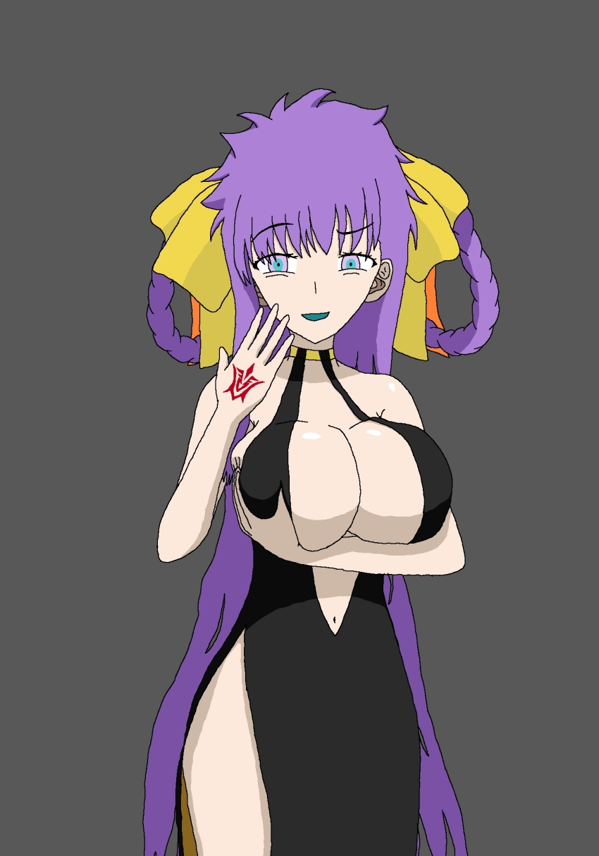 bb_(fate/extra_ccc) blue_eyes body_markings breast_fondling breasts cleavage clothed command_seal dress eye_color_change fate/extra_ccc fate/grand_order fate_(series) femsub grey_background hair_ribbon holding_breasts hypnotic_tattoo justlooking727 large_breasts maledom multicolored_eyes pink_eyes possession purple_hair ribbon ritsuka_fujimaru_(male) simple_background smug tattoo thighs very_long_hair