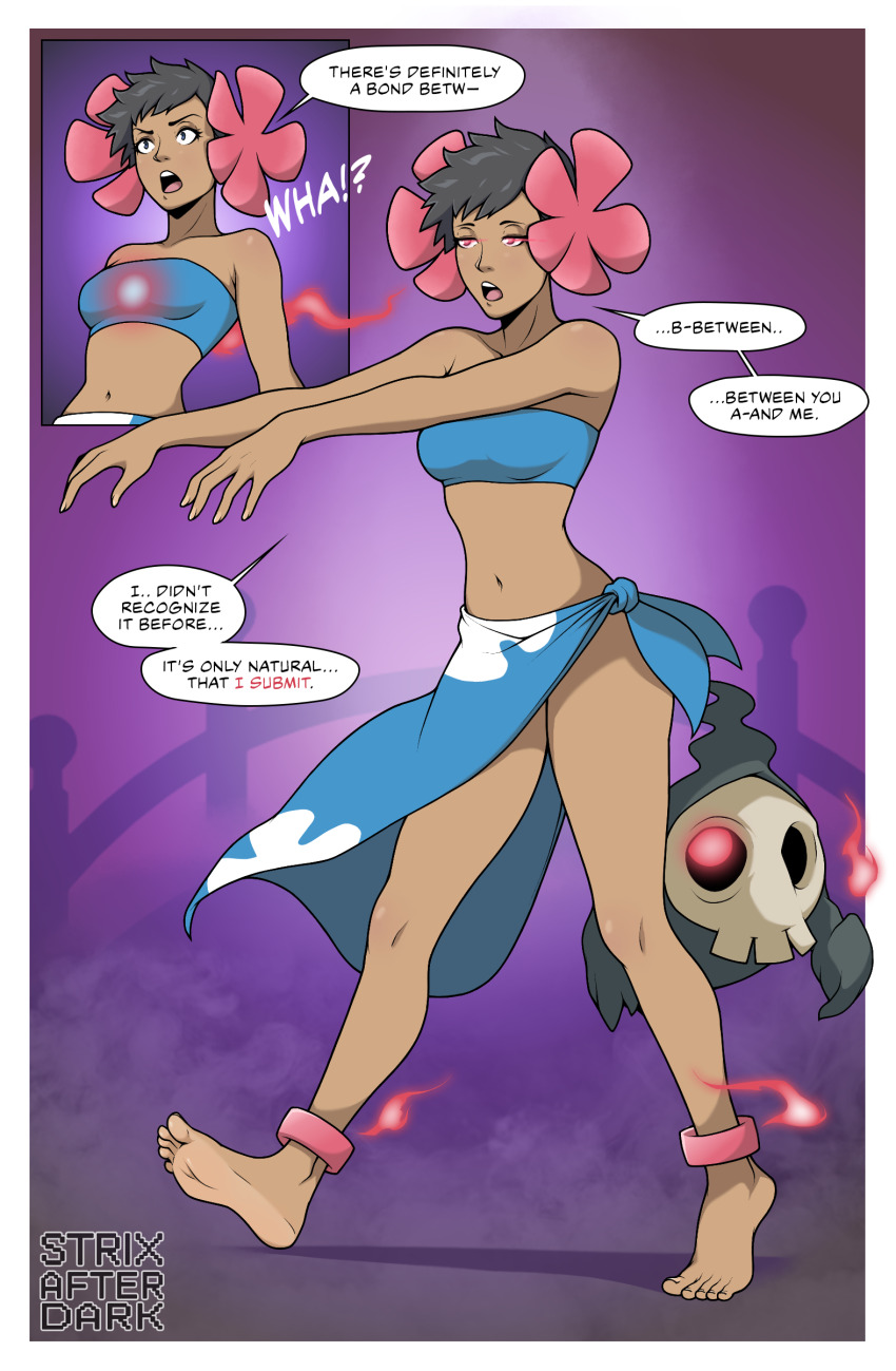 anklet aura bare_legs bare_shoulders barefoot before_and_after bikini black_hair blue_eyes border bra collarbone dark_skin duskull eye_color_change feet female_only femsub floating flower_in_hair glowing glowing_eyes midriff navel nintendo no_panties open_mouth phoebe_(pokemon) pokemon pokemon_(creature) pokemon_ruby_sapphire_and_emerald possession red_eyes short_hair skirt skull strix text zombie_walk