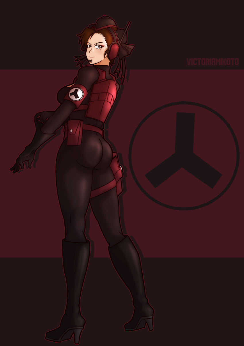 absurdres arm_bands ass backpack belt black_background bodysuit boots brown_hair capcom chun-li eyeshadow female_only femsub garter gloves hair_bun_covers happy_trance hat headphones high_heels looking_at_viewer makeup micro_bikini red_background signature simple_background smile solo street_fighter symbol victoriamikoto zz_valkyries_(exil)