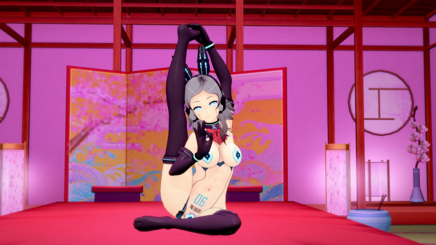 3d barcode blue_eyes body_writing breasts bunny_ears bunny_girl bunnybots_(milena) collar crotch_tattoo cuffs female_only femsub gloves grey_hair koikatsu! milena opera_gloves original pasties posing ribbon robot robot_girl robotization tech_control thighhighs