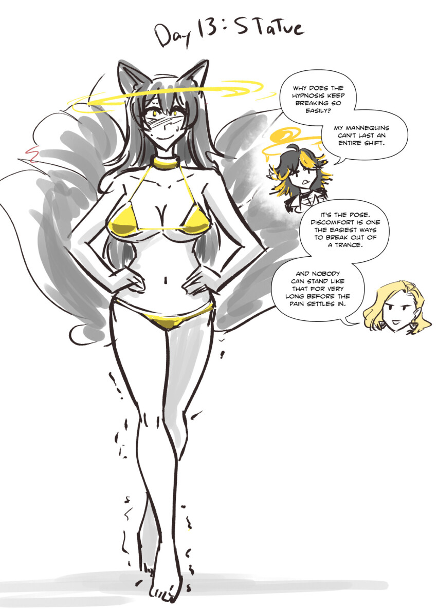 ahoge anno_(anno) bare_legs barefoot blonde_hair blush bra chibi earrings feet female_only femdom femsub fox_ears glowing_eyes gold golden_swimsuit halo happy_trance human_furniture humor hypnovember jacket kitsune_girl large_breasts legs majinsfw mannequin micro_bikini multiple_girls multiple_tails natasha_hinoa_(anno) navel original panties poor_hypnosis posing sideboob simple_background smile sweat tail tiptoes underboob veronica_nightingale_(majinsfw) white_background yellow_eyes