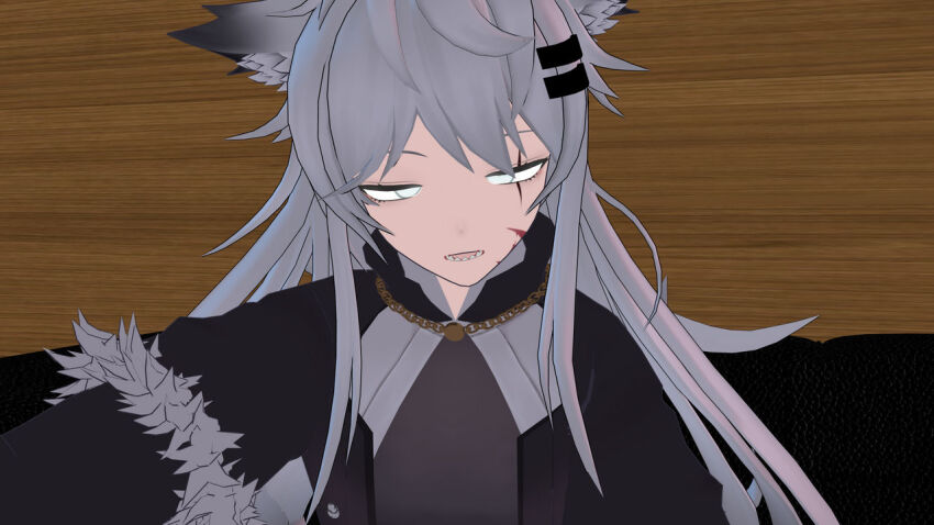 3d airmotor alternate_costume animal_ears arknights arm_levitation blue_eyes clothed coat couch crossed_eyes dress empty_eyes female_only femsub fur_coat grey_hair hair_clips heavy_eyelids jewelry lappland_(arknights) long_hair mmd multicolored_hair multiple_girls multiple_subs necklace office open_mouth scar scars sharp_teeth sitting traditional_hypnosis wolf_girl