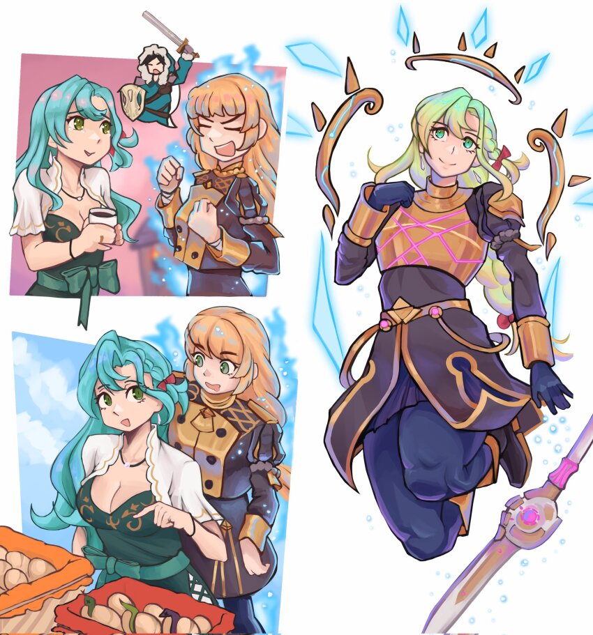 absurdres alternate_costume alternate_hair_color alternate_hairstyle aura before_and_after black_hair blonde_hair blue_eyes blue_hair bow breasts chloe_(fire_emblem) cleavage consensual control_indicator countgalatea drool felix_hugo_fraldarius femdom femsub fire_emblem fire_emblem_engage fire_emblem_three_houses floating food fusion ghost gloves green_eyes green_hair hair_ribbon happy_trance ingrid_brandl_galatea jewelry legs legs_up long_hair multicolored_hair necklace nintendo ponytail possession ribbon shield short_hair simple_background smile spear sword weapon white_background