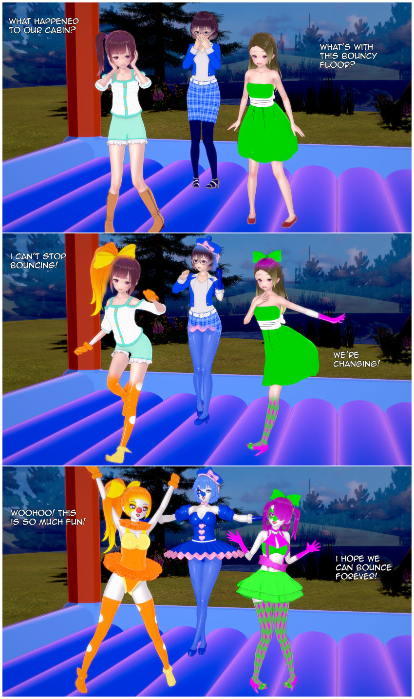 3d before_and_after blue_eyes blue_hair boots bow brown_hair clothed clown clown_girl clownification comic dress earrings empty_eyes eyeshadow female_only femsub glasses hair_ornament hat lipstick long_hair multiple_girls multiple_subs open_mouth orange_hair pants pink_eyes pink_hair ponytail short_hair skirt suspenders text thighhighs transformation tutu wfay42