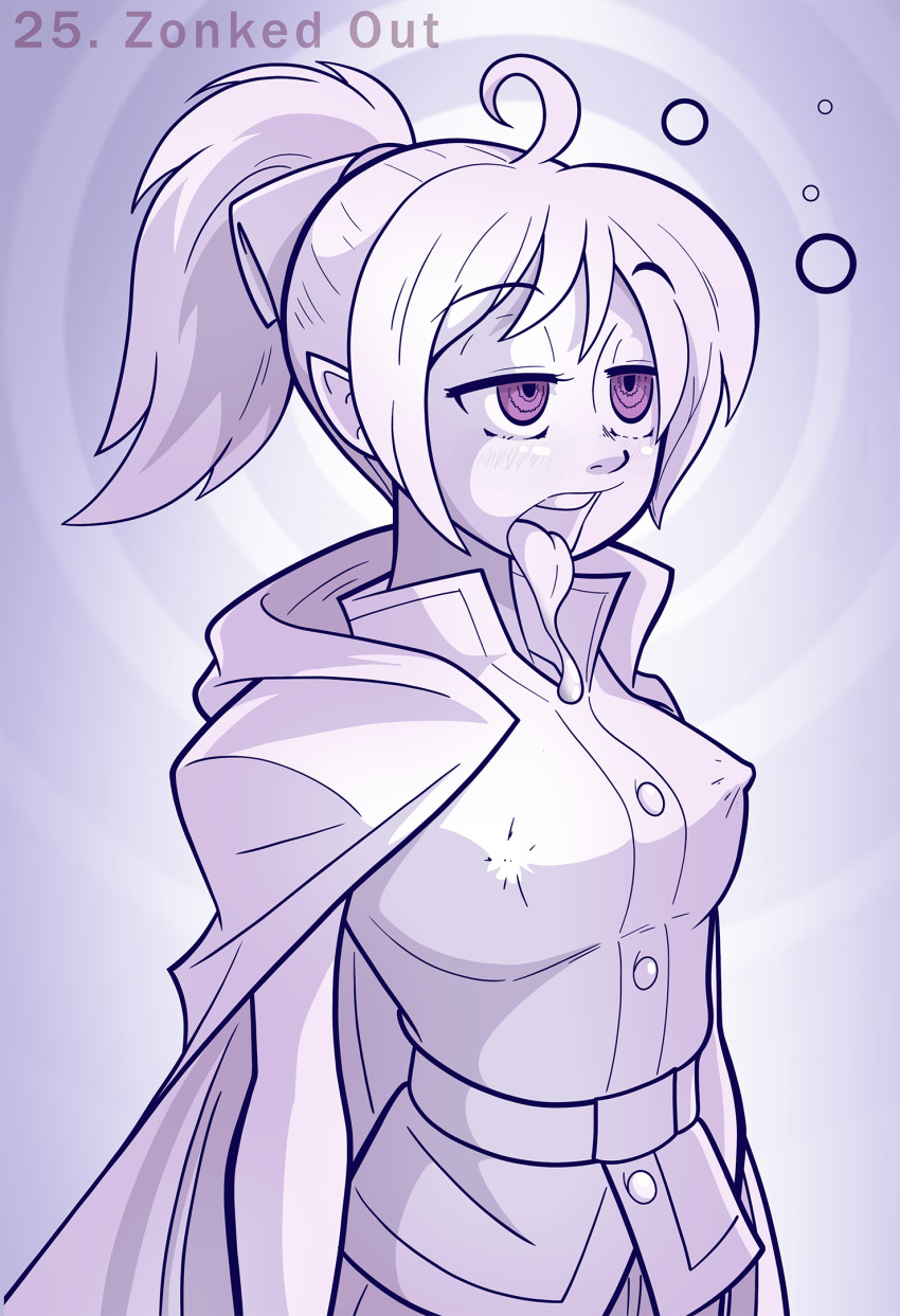 ahoge cloak dazed disguised_hypnotist drool empty_eyes erect_nipples erect_nipples_under_clothes femsub hypnovember open_mouth original ponytail tagme tongue_out