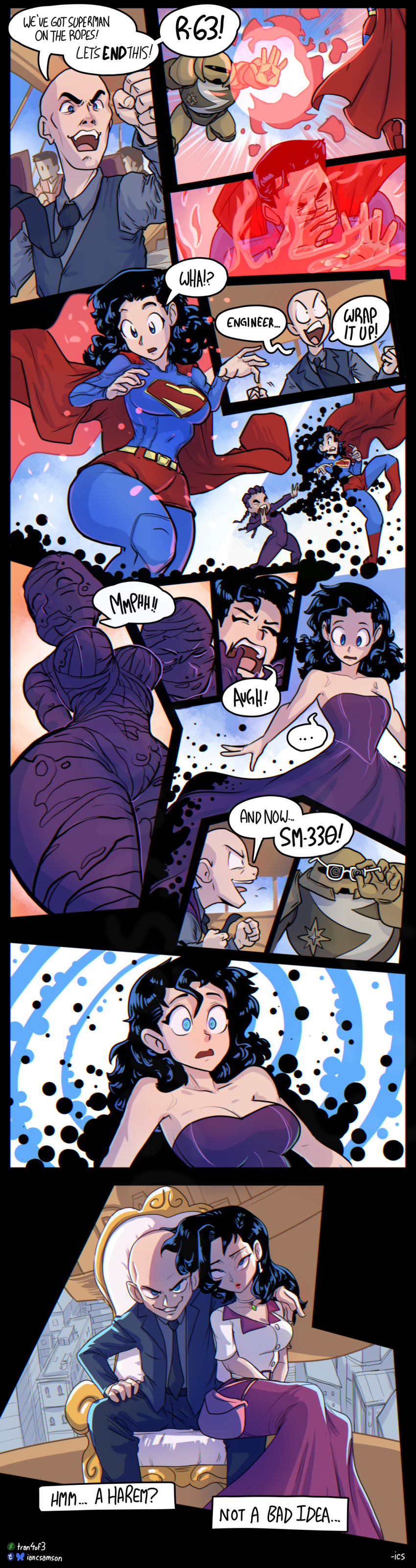 absurdres alternate_costume alternate_hairstyle angela_spica bald bare_shoulders black_hair blue_eyes breasts cape chair character_request clark_kent cleavage closed_eyes dc_comics dialogue dress english_text evil_smile femsub genderswap glasses hand_on_hip ics lex_luthor lipstick long_hair maledom mummification navel short_hair sitting smile spiral spiral_background spiral_eyes spiralwash_eyes suit super_hero superman superman_(series) symbol_in_eyes text tie tight_clothing transformation transgender