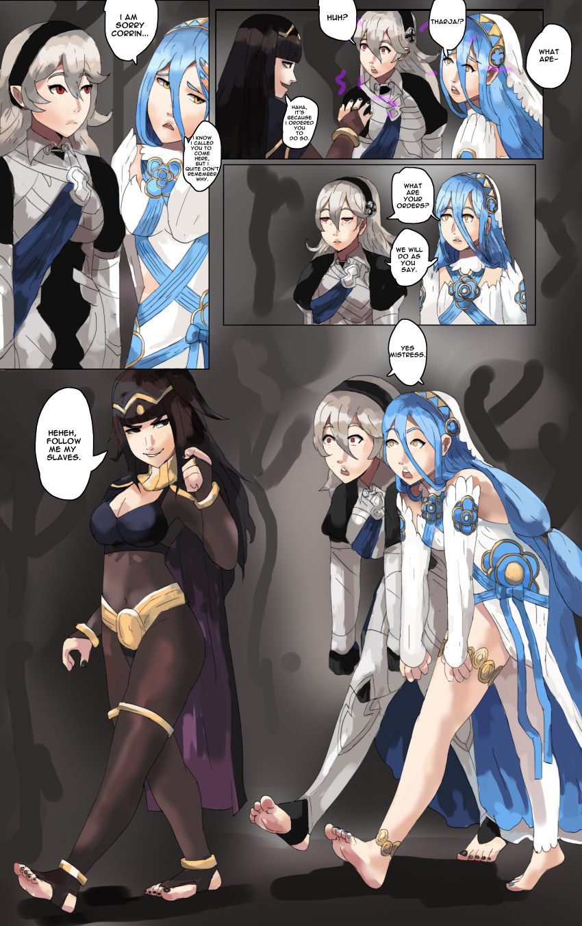 azura barefoot black_hair blue_eyes blue_hair comic corrin_(fire_emblem) feet fire_emblem fire_emblem_awakening fire_emblem_fates grey_hair hypnotized_walking leaning_forward nintendo onefeefoor text tharja