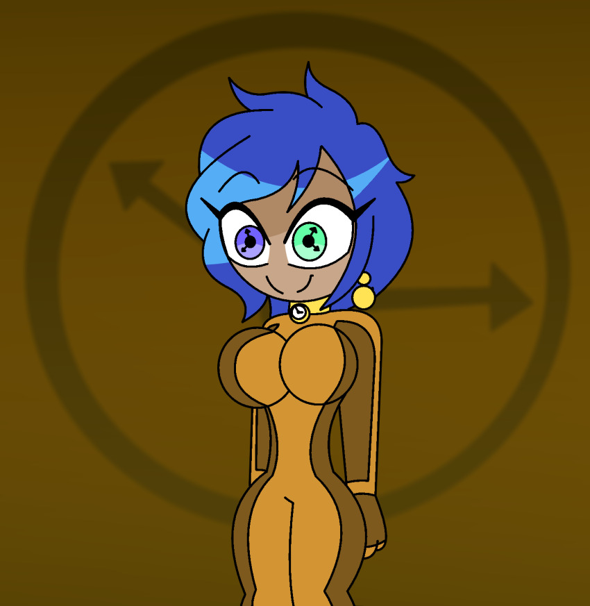 blue_hair bodysuit brown_background choker clock dark_skin dronification earrings eyebrows_visible_through_hair female_only femsub green_eyes happy_trance heterochromia hourglass_figure hypnoscream large_breasts original purple_eyes robotic_trance short_hair simple_background smile solo standing symbol_in_eyes tight_clothing wide_hips
