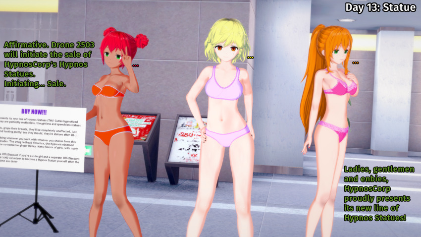 3d blonde_hair catalepsy dollification empty_eyes english_text expressionless female_only femsub freckles hailey_(liz_b) human_furniture hypnovember koikatsu! liz_(liz_b) liz_b orange_hair original red_hair sign statue text underwear v veronica_(liz_b)