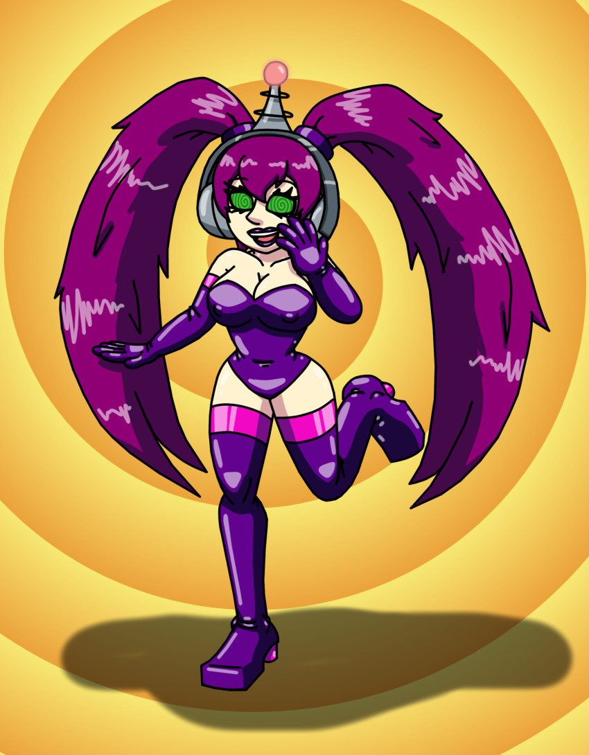 antenna erect_nipples_under_clothes fembot femsub green_eyes happy_trance headphones high_heels latex lipstick long_hair opera_gloves original purple_hair robotization simple_background smile spiral_background spiral_eyes spiralwash_eyes supertechno324 swimsuit tech_control thigh_boots thigh_heels twintails