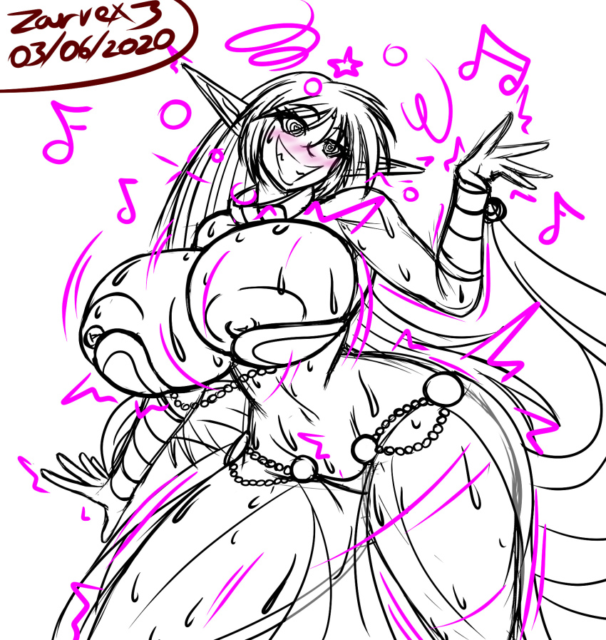 alternate_costume bare_shoulders bimbofication blush breasts cleavage collar dancer dancing deedlit elf elf_ears english_text female_only femsub happy_trance harem_outfit heart heart_eyes large_breasts long_hair midriff music navel nipples record_of_lodoss_war smile sweat symbol_in_eyes text thick_thighs thighs zarvex3