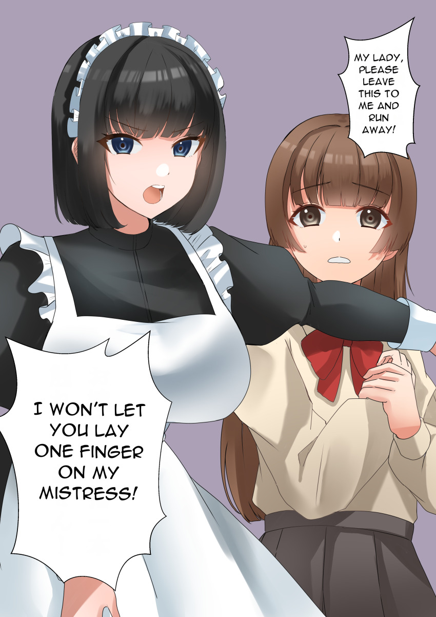 absurdres black_hair blue_eyes breasts brown_eyes brown_hair dialogue eyebrows_visible_through_hair femsub hard_translated large_breasts long_hair maid maid_headdress maledom multiple_girls multiple_subs original purple_background resisting scared school_uniform secret_society_hamelin short_hair simple_background speech_bubble text uniform