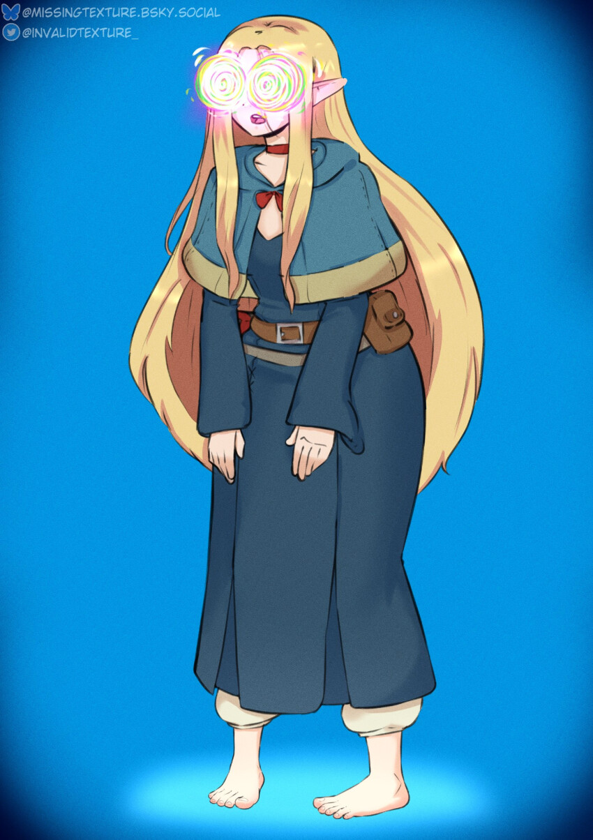 barefoot belt blonde_hair blue_background bow_tie choker clothed collarbone dazed delicious_in_dungeon dress elf elf_ears feet female_only femsub flat_chest fortnite hoodie hypnot-eyes long_hair long_skirt marcille_donato open_mouth pants simple_background solo staff standing transparenttexture