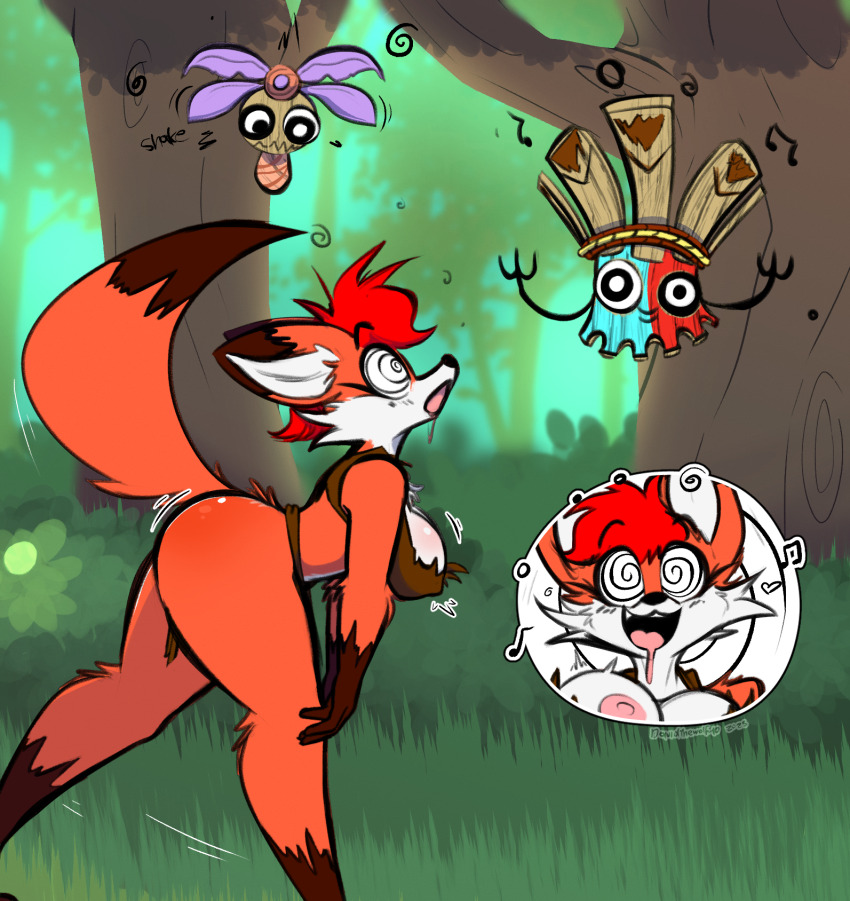 androgynous_dom bare_legs black_eyes blush bra character_request complex_background davidthewolfx10 donkey_kong_(series) drool english_text femsub floating fox_ears fox_girl fox_tail furry happy_trance hypnotic_music hypnotized_walking janneth_(davidthewolfx10) leaning_forward legs nintendo nipples original outdoors plant smile spiral spiralwash_eyes symbol tail text thighs tiki_tak_tribe trees tribal