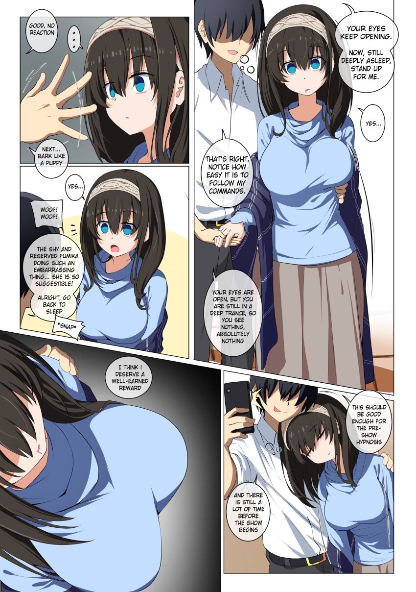 black_hair blue_eyes closed_eyes comic drool empty_eyes etlabsotwe expressionless femsub fumika_sagisawa groping headband idolmaster_cinderella_girls large_breasts maledom skirt sleep_command sleeping text traditional_hypnosis