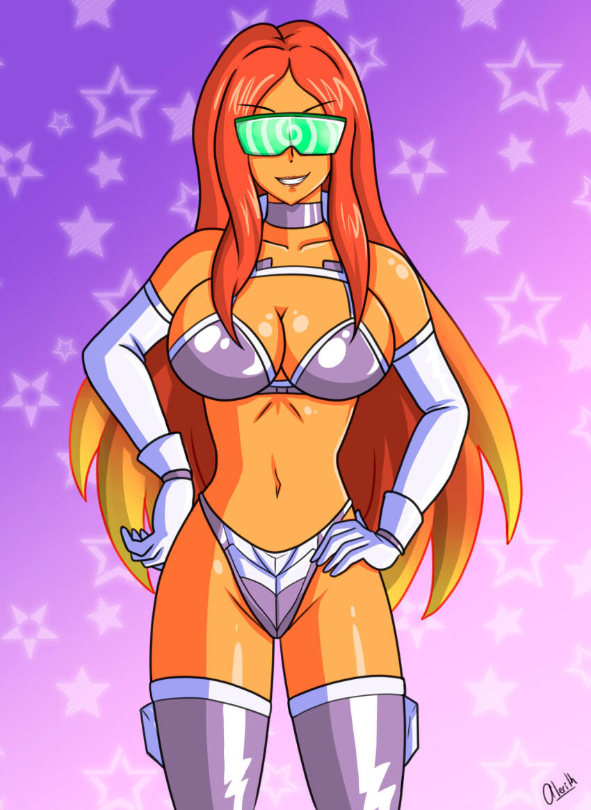 alerith arm_warmers cleavage collar collarbone dc_comics evil_smile glasses gloves gradient_background hand_on_hip happy_trance huge_breasts hypnotic_accessory navel orange_hair signature simple_background smile smug spiral starfire tan_skin tech_control teen_titans thighhighs thong very_long_hair