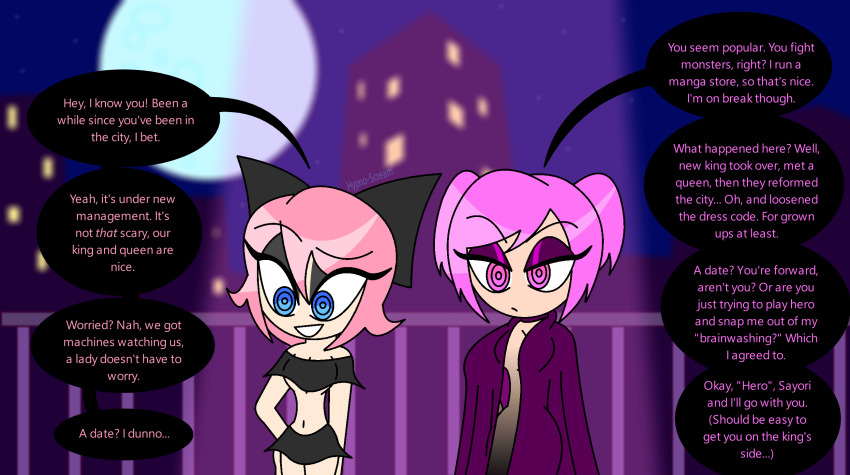 aged_up altered_common_sense aware bare_legs bare_shoulders blue_eyes cleavage cloak consensual convenient_censoring crop_top darkstalkers doki_doki_literature_club eyebrows_visible_through_hair eyeshadow female_only femsub hair_ribbon hand_on_hip happy_trance hypnoscream looking_at_viewer mass_hypnosis natsuki_(doki_doki_literature_club) night no_bra no_panties pink_eyes pink_hair ribbon ring_eyes sayori_(doki_doki_literature_club) short_hair short_skirt text twintails underboob