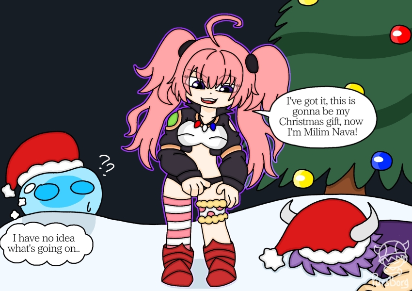 ahoge aura blue_eyes breasts character_request christmas christmas_tree confused eye_color_change femsub hat horns lying maledom midriff milim_nava night non-binary pink_hair possession purple_eyes pursborg rimuru_tempest slime snow standing symbol text that_time_i_got_reincarnated_as_a_slime thought_bubble trees