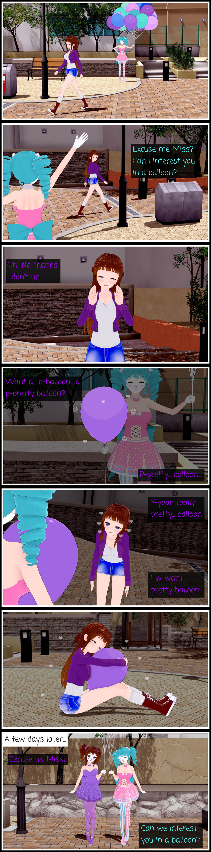 3d astra_(lunastra) balloon blue_hair brown_hair claire_(sephirothkefka) cleavage clown clown_girl clownification comic corset drill_hair english_text face_paint femdom femsub gloves koikatsu! lunastra multiple_girls original skirt smile text twinning