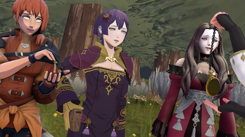 3d anna_(fire_emblem) bernadetta_von_varley brown_hair dorothea_arnault femsub fire_emblem fire_emblem_three_houses leonie_pinelli long_hair nintendo orange_hair pocket_watch purple_hair short_hair source_filmmaker spiral spiral_eyes symbol_in_eyes trees whateverdude19