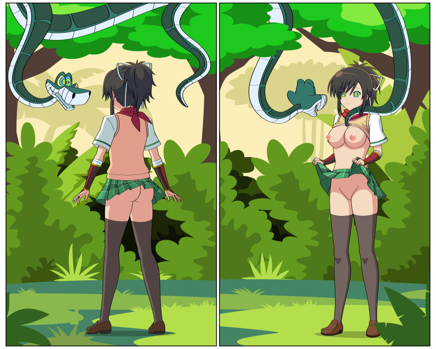 ass asuka_(senran_kagura) bare_breasts brown_hair disney femsub hair_ribbon happy_trance jimryu jungle kaa kaa_eyes large_ass large_breasts maledom nipples no_bra no_panties ponytail pussy school_uniform senran_kagura shirt_lift shoes skirt skirt_lift smile snake standing the_jungle_book thighhighs thighs trees