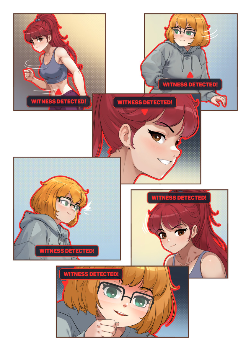 brown_eyes chien_vietnam comic glasses green_eyes orange_hair original ponytail red_hair text