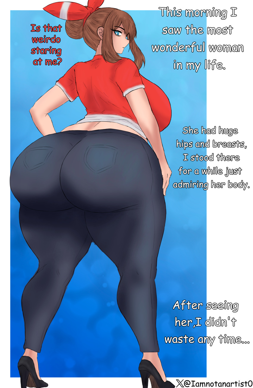 before_and_after blue_eyes brown_hair high_heels huge_ass huge_breasts huge_hips iamnotanartist jeans looking_back may milf nintendo pokemon pokemon_(anime) tagme