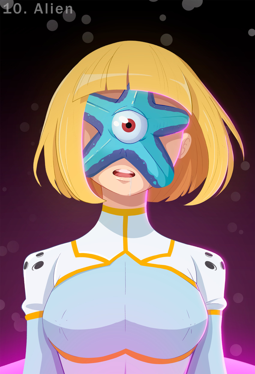alien blonde_hair breasts character_request dc_comics disguised_hypnotist drool erect_nipples_under_clothes femsub gradient_background hypnovember looking_at_viewer original parasite possession short_hair simple_background standing standing_at_attention starro tagme uniform