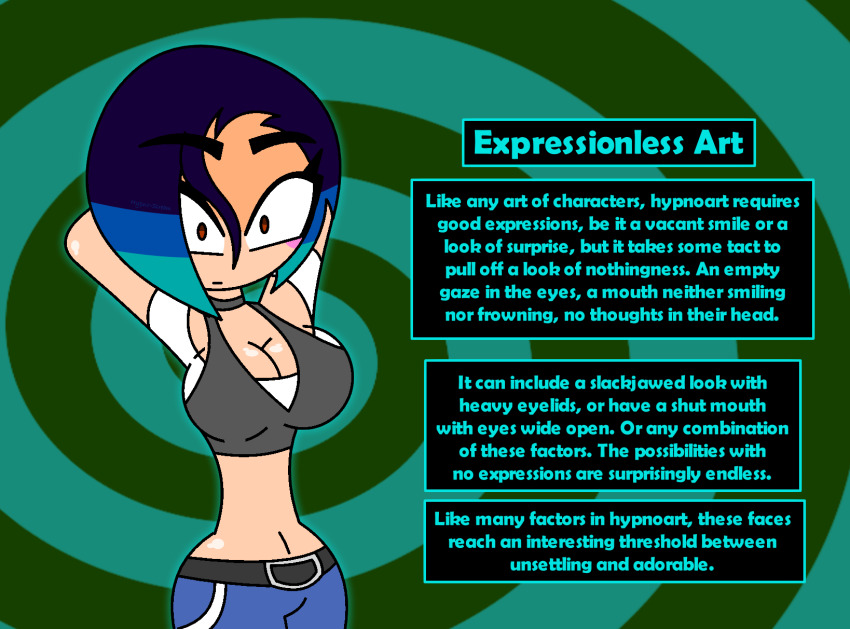 arms_above_head bare_shoulders brown_eyes choker cleavage crop_top english_text expressionless eyebrows_visible_through_hair eyelashes femsub green_background hypnoscream jeans large_breasts midriff multicolored_hair navel nintendo perrin_(pokemon) pokemon pokemon_scarlet_and_violet pov_dom shiny_skin short_hair shrunken_irises solo spiral_background wide_hips