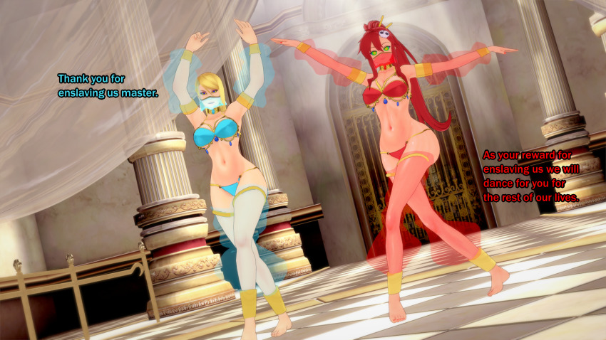 3d alternate_costume ambiguous_pov androgynous_dom arm_warmers arms_above_head barefoot blonde_hair breasts clothed crossover dancer dancing dialogue english_text eye_color_change femsub green_sclera gurren_lagann harem harem_outfit large_breasts long_hair metroid_(series) midriff navel nintendo ponytail red_hair samus_aran sonrio12 text thighhighs thighs veil very_long_hair yoko_littner