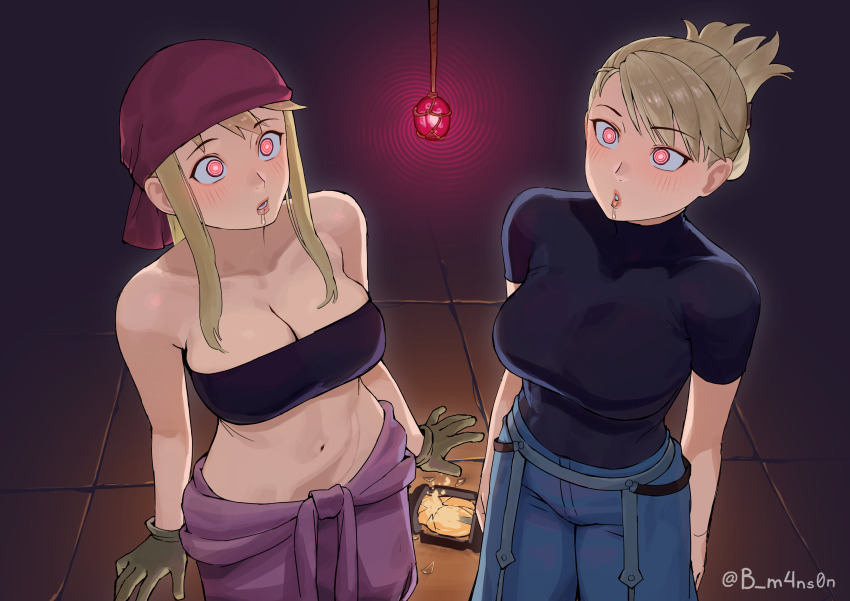 bandana bangs blonde_hair breasts cleavage drool femsub fullmetal_alchemist gloves glowing_eyes large_breasts long_hair m4ns0n midriff military_uniform multiple_subs navel orb pants pendulum riza_hawkeye shirt tied_hair tube_top winry_rockbell