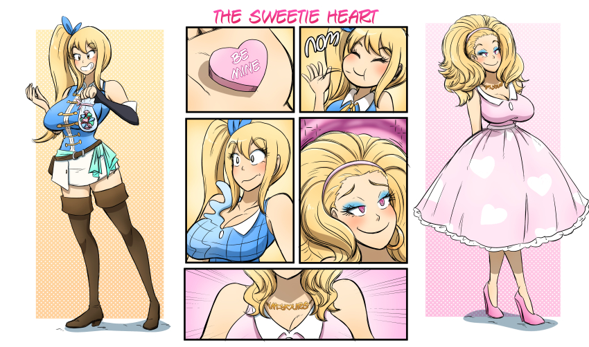 blonde_hair boots breasts brown_eyes cleavage dress eye_color_change eyeshadow fairy_tail femsub happy_trance high_heels hypnotic_food kobi94 large_breasts long_hair lucy_heartfilia makeup necklace pink_eyes shirt skirt smile spiral_eyes stepfordization thighs transformation