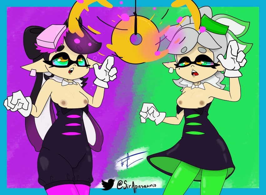 black_hair breasts callie_(splatoon) expressionless kaa_eyes marie_(splatoon) multiple_girls multiple_subs nintendo pendulum spiral_eyes splatoon white_hair