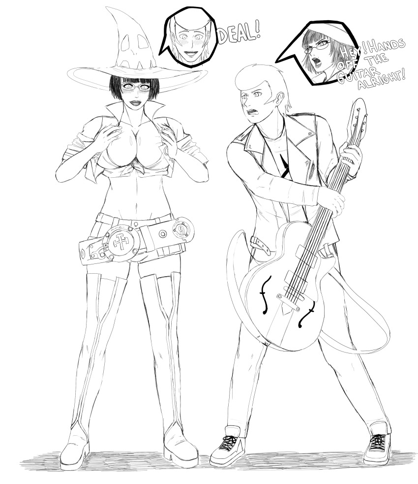 absurdres body_swap breast_grab breasts cleavage dialogue english_text femsub greyscale guilty_gear guitar happy_trance i-no jacket ky_kiske large_breasts malesub midriff monochrome multiple_subs navel pants shoes shorts simple_background sketch text thigh_boots tight_clothing umbra_callistis unhappy_trance white_background witch witch_hat