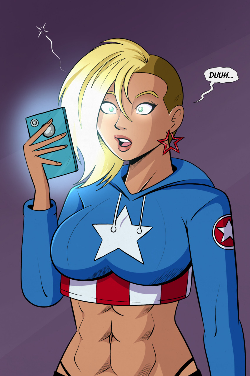 abs ash_(svettak92) blonde_hair captain_america dark_skin dazed earrings female_only femsub glowing_eyes green_eyes hoodie marvel_comics muscle_girl open_mouth original phone polmanning short_hair sidecut solo speech_bubble text tongue