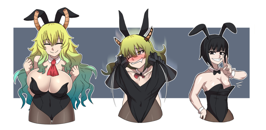 before_and_after black_hair blonde_hair blush breasts bunny_girl bunnysuit clare_(erasethismail) cleavage comic dragon_girl erasethismail fishnets horns large_breasts leotard long_hair miss_kobayashi's_dragon_maid multicolored_hair original quetzalcoatl_(maidragon) simple_background smile transformation