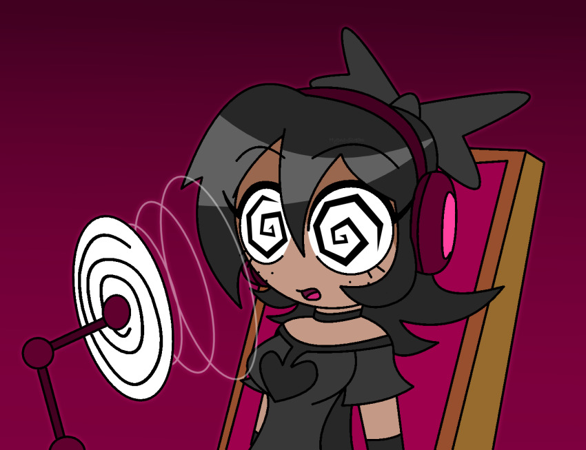 bare_shoulders black_eyes black_hair bow_tie chair choker clothed dark_skin dazed femsub freckles gradient_background hair_ribbon headphones hypnoscream hypnotic_audio hypnotic_disc hypnotic_spiral long_hair murder_drones open_mouth pink_background shirt sitting spiral_eyes tessa_james_elliot