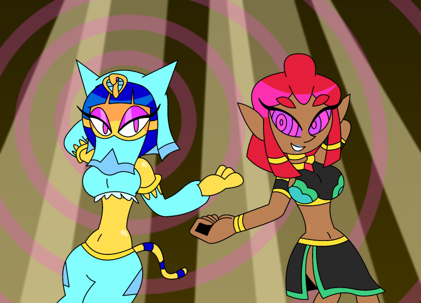 alternate_costume animal_crossing ankha_(animal_crossing) arms_above_head bare_shoulders blue_hair blue_lipstick breasts breath_of_the_wild cat_ears cat_girl cat_tail choker crossover dancer dancing dark_skin elf_ears eyeshadow female_only femdom femsub furry happy_trance harem_outfit hypnoscream hypnotic_dance lipstick makeela_riju makeup midriff navel nintendo purple_eyes red_hair short_hair side_slits smile spiral spiral_background spiralwash_eyes story tail tears_of_the_kingdom the_legend_of_zelda veil