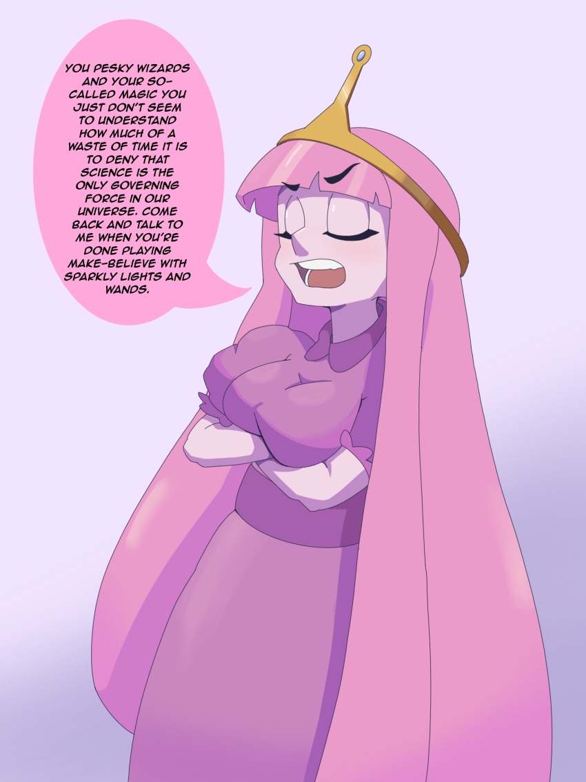 adventure_time cartoon_network clothed crown dress female_only femsub open_mouth pink_hair pink_skin princess_bubblegum royalty simple_background sourowl text